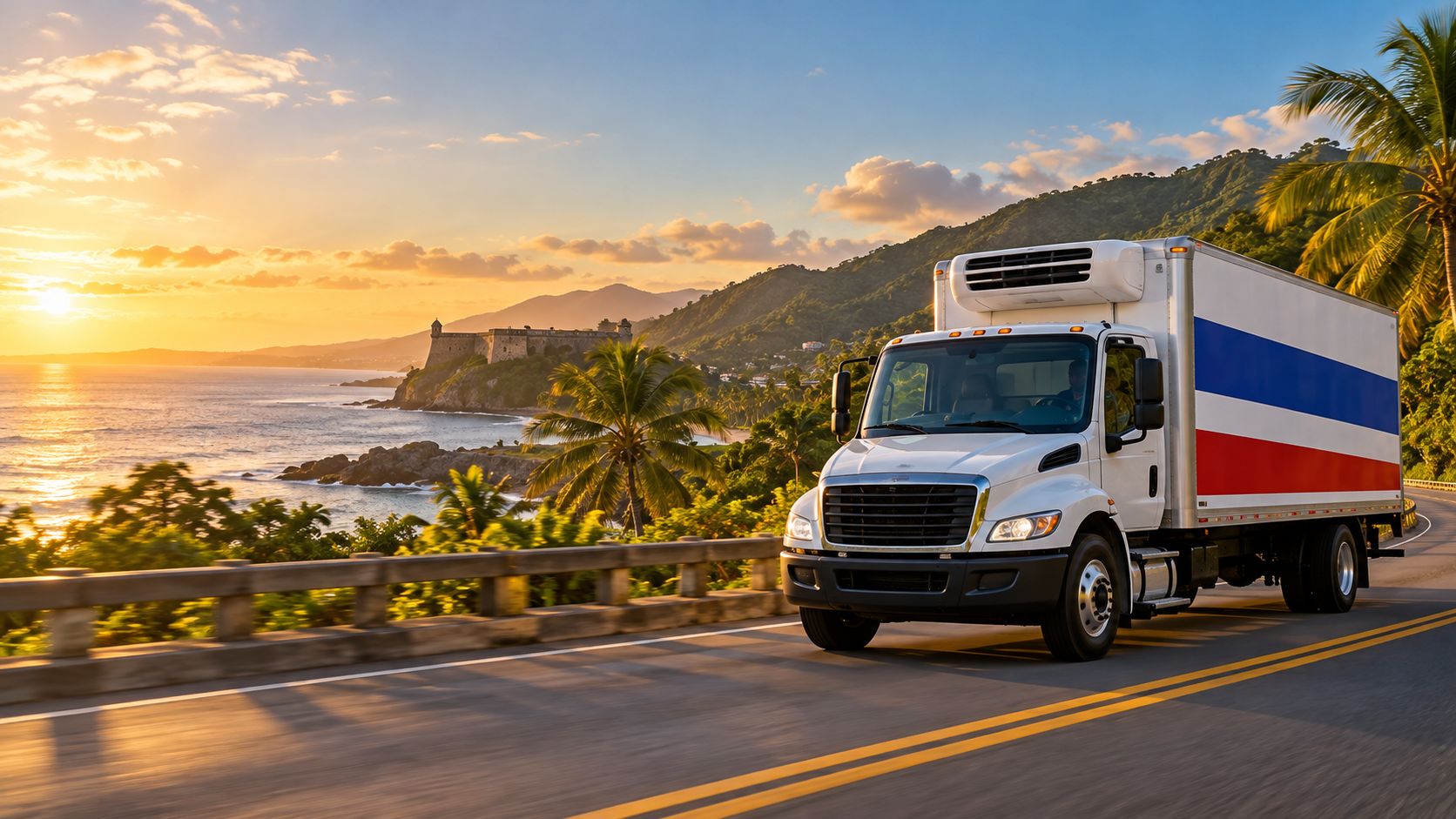 Ilustración de un camión refrigerado de distribución recorriendo una carretera costera de Puerto Rico al atardecer