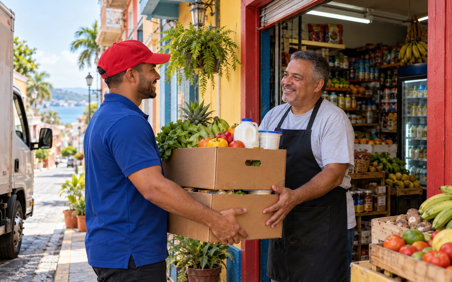 Ilustración de un repartidor entregando una caja de frutas, vegetales y lácteos a un tendero sonriente en la puerta de un colmado
