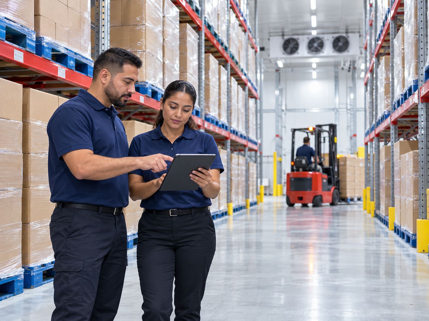 Ilustración de dos empleados con uniforme azul revisando una tableta en un almacén refrigerado con estantes de cajas y un montacargas al fondo